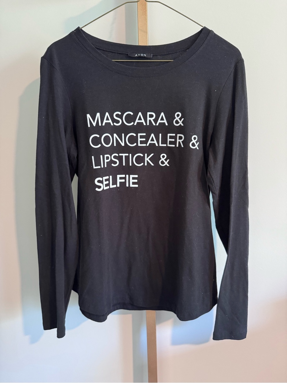 Black Graphic Long Sleeve Tee - "Mascara & Concealer & Lipstick & Selfie"